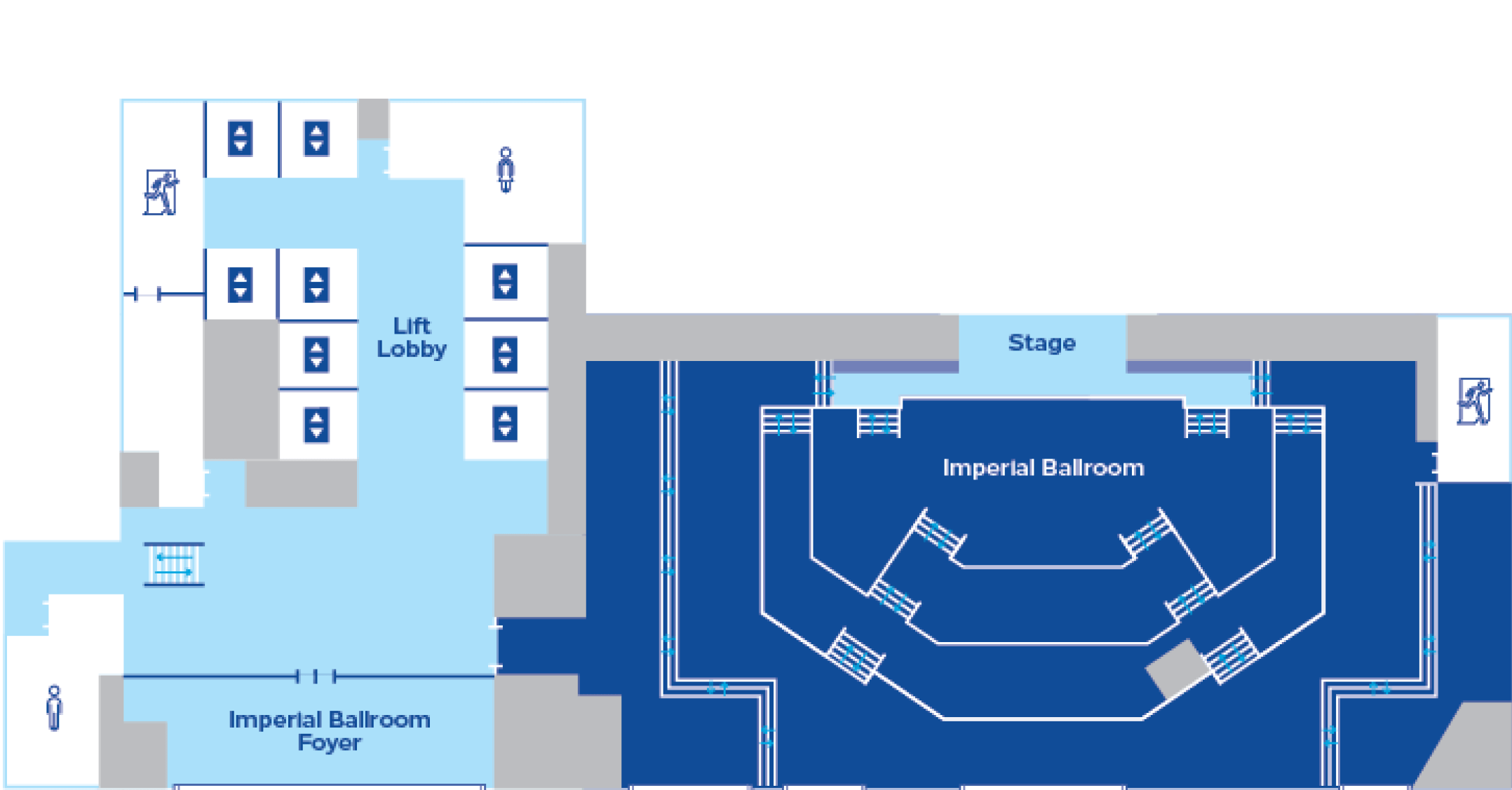A floor plan showing the layout of an Imperial Ballroom with a stage, seating areas, a lift lobby, and the Imperial Ballroom Foyer. The design has a blue and gray color scheme.