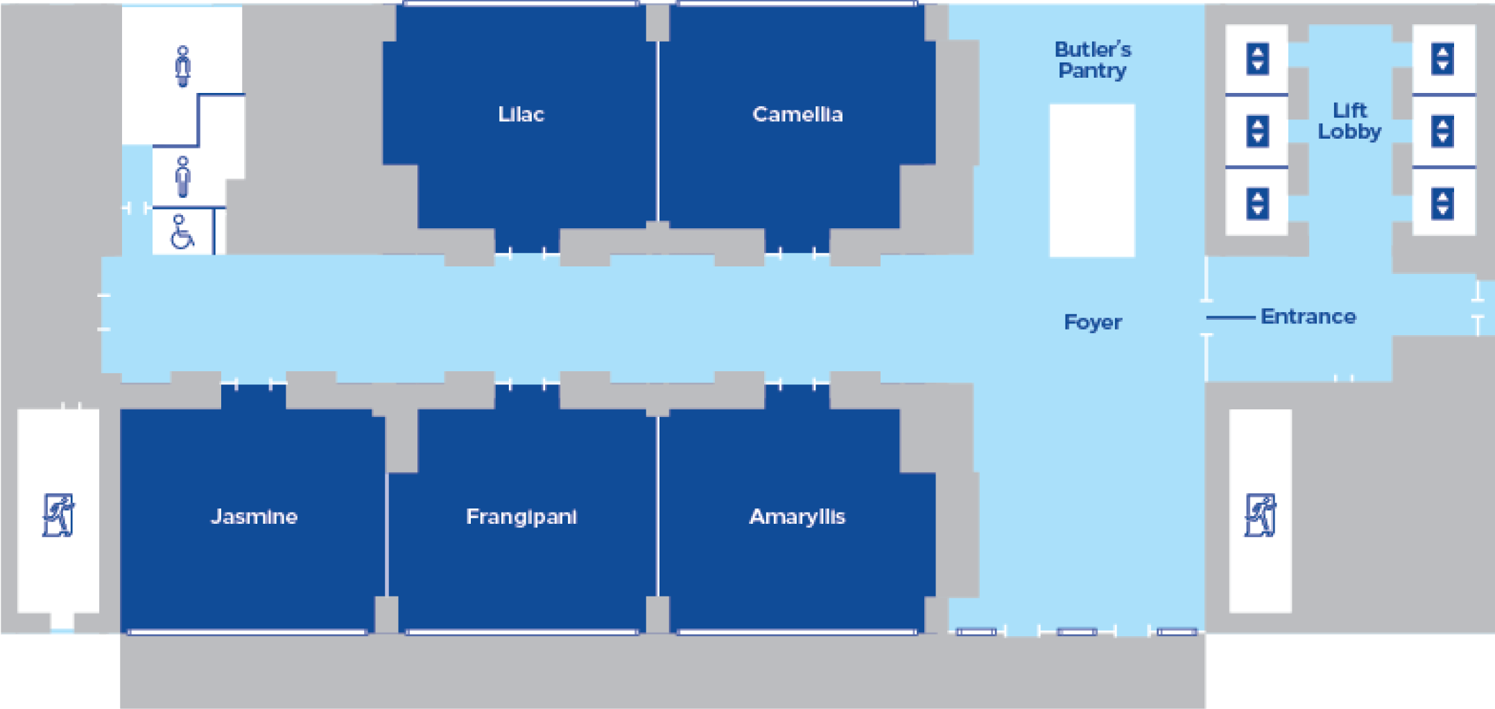 This is a schematic floor plan featuring labeled rooms: Lilac, Camellia, Butler's Pantry, Lift Lobby, Foyer, Jasmine, Frangipani, and Amaryllis. Symbols indicate restrooms and accessibility features.