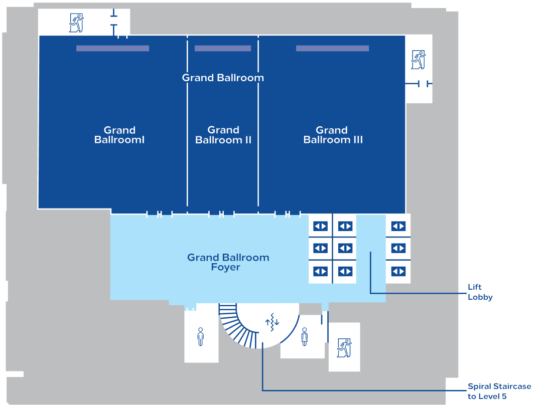 A floor plan shows three areas labeled 'Grand Ballroom,' 'Grand Ballroom II,' and 'Grand Ballroom III,' with adjacent 'Grand Ballroom Foyer.' Icons indicate restrooms, stairs, and lifts.